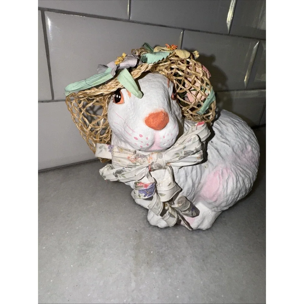VINTAGE PAPER MACHE SITTING GIRL BUNNY W/ STRAW HAT MADE IN THE‎ PHILIPPINES